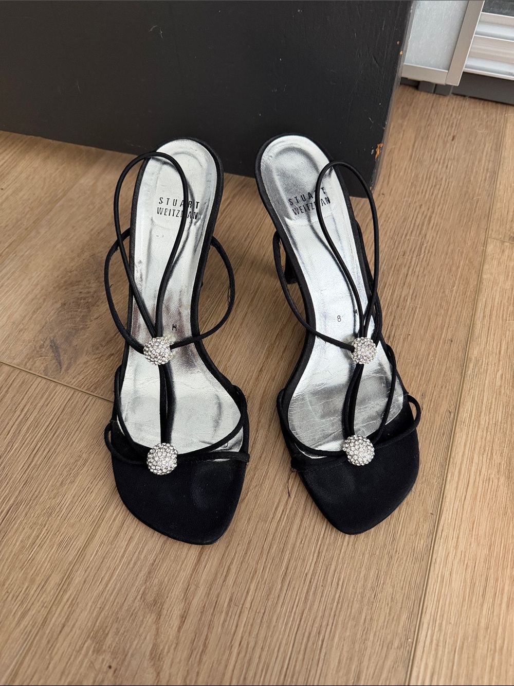 Stuart Weitzman Black Strappy Crystal-Embellished Heels